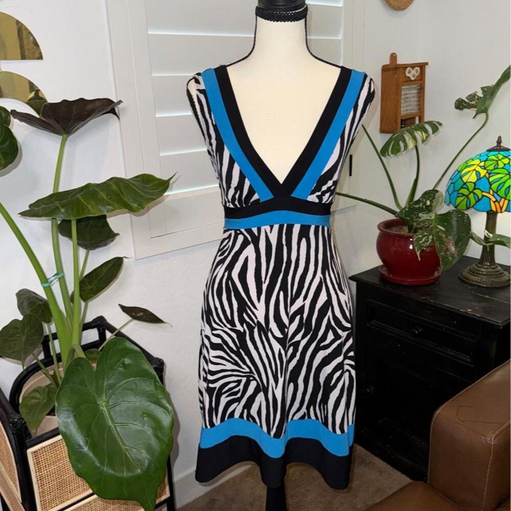 Vintage Y2K Lipstick Zebra Print Deep V Dress Blue Black Trim